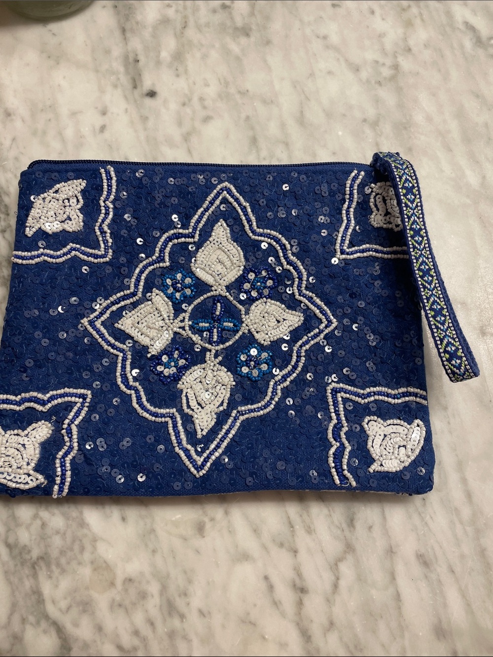 Beautiful Embroidered Navy Sequin and beaded Wristlet Clutch with White Accents